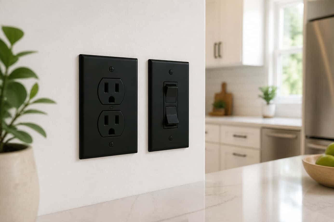 Close-up of matte black outlet and switch covers installed on a white kitchen wall with blurred kitchen cabinets and appliances in the background.