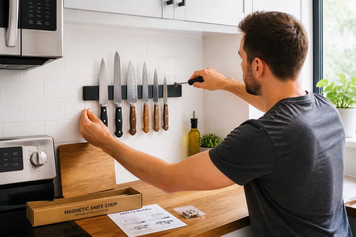 Person installing a magnetic knife strip on a kitchen backsplash above a wooden countertop.