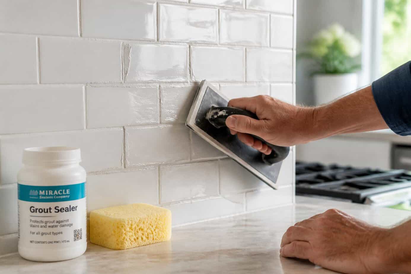 Hands re-grouting and sealing kitchen tiles on a countertop with tile tools and sealant nearby.