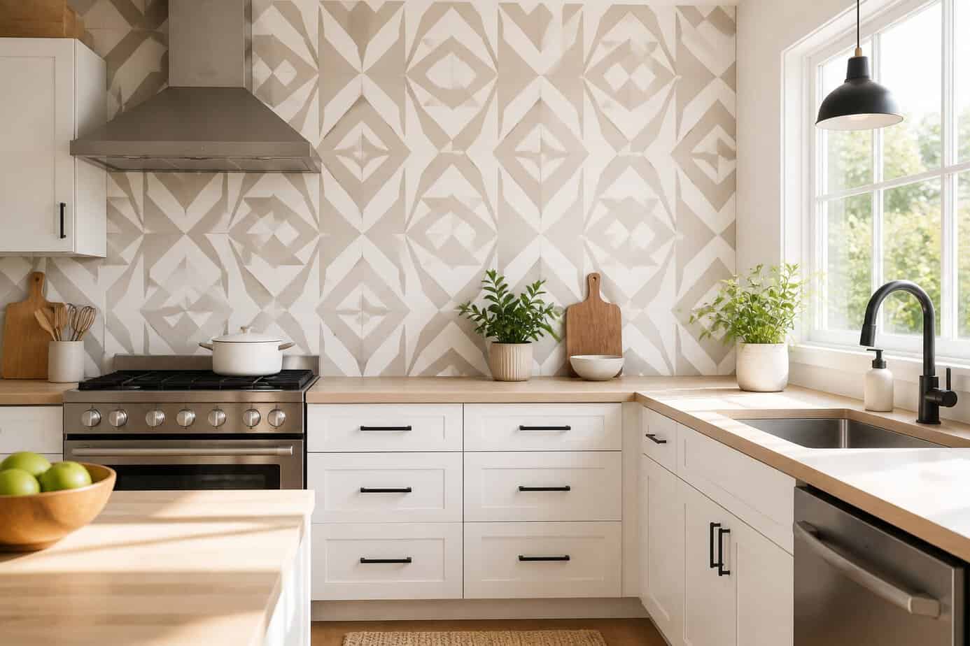 A modern kitchen with a geometric patterned accent wall, white cabinets, wooden countertops, and natural light.