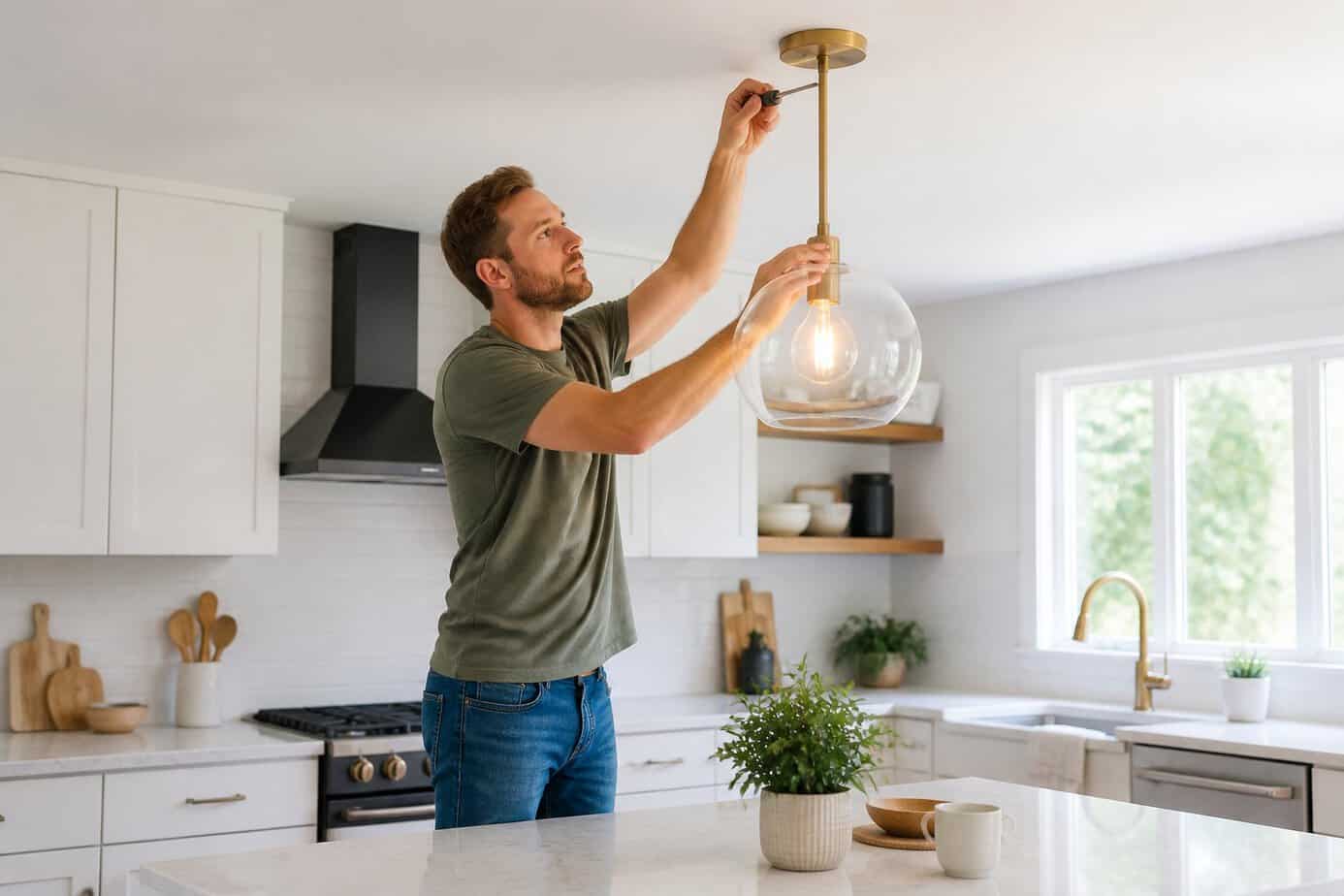 Person installing a modern pendant light fixture in a bright kitchen with white cabinets and a marble countertop.