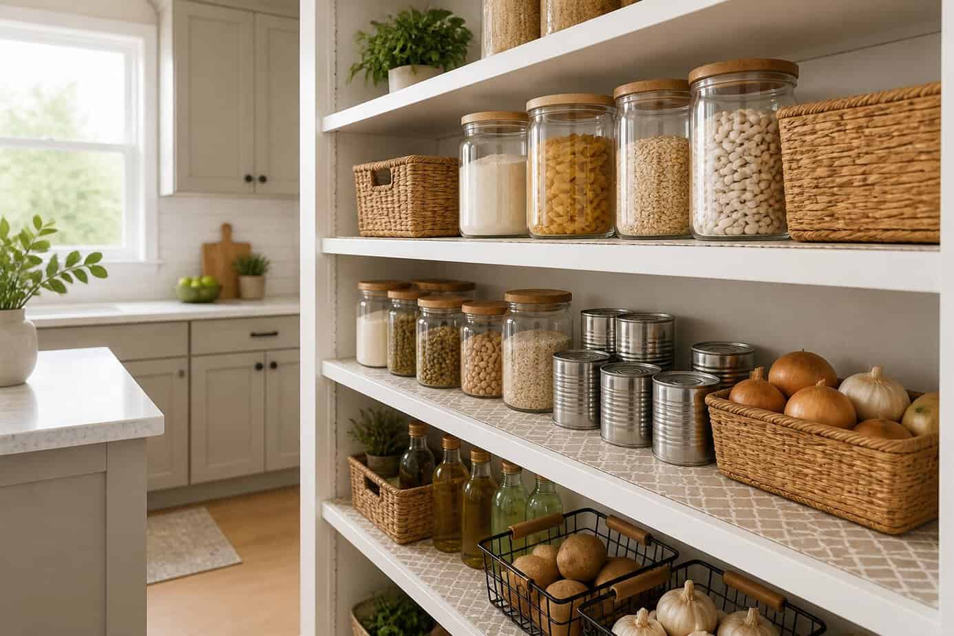Open kitchen pantry shelves lined with patterned peel-and-stick vinyl stair runner, neatly organized with jars and kitchen items.