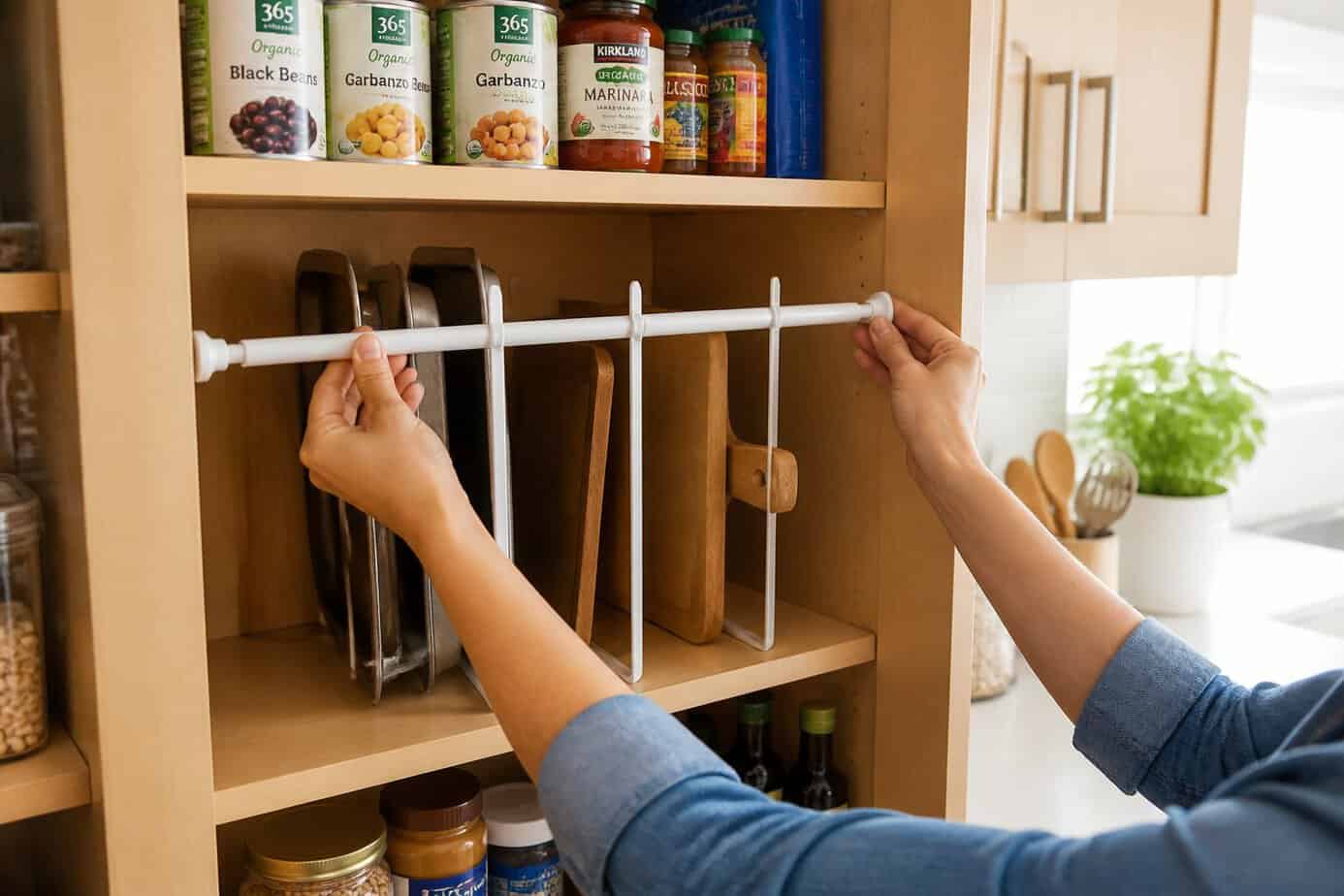Person installing a tension rod inside a kitchen cabinet to organize pantry items.