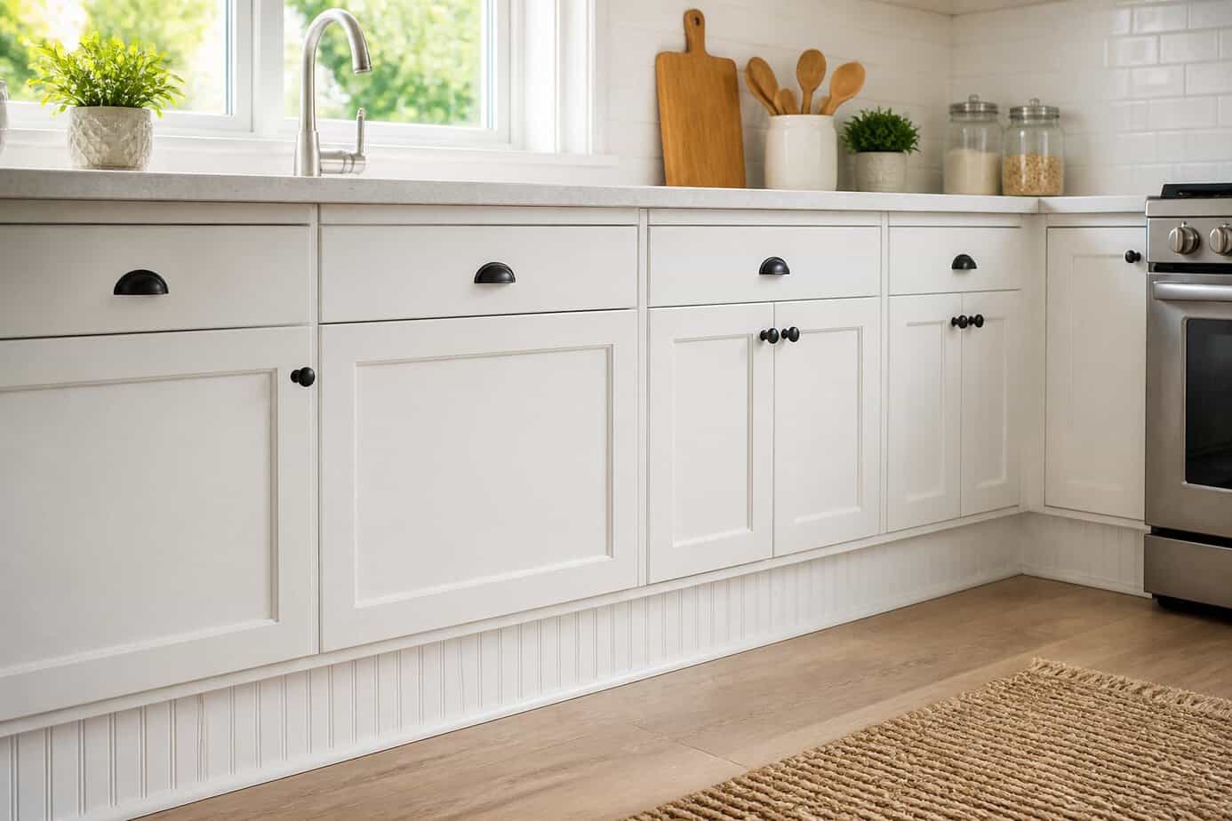 Close-up of kitchen cabinets with beadboard panels replacing the toe kicks in a bright, clean kitchen.