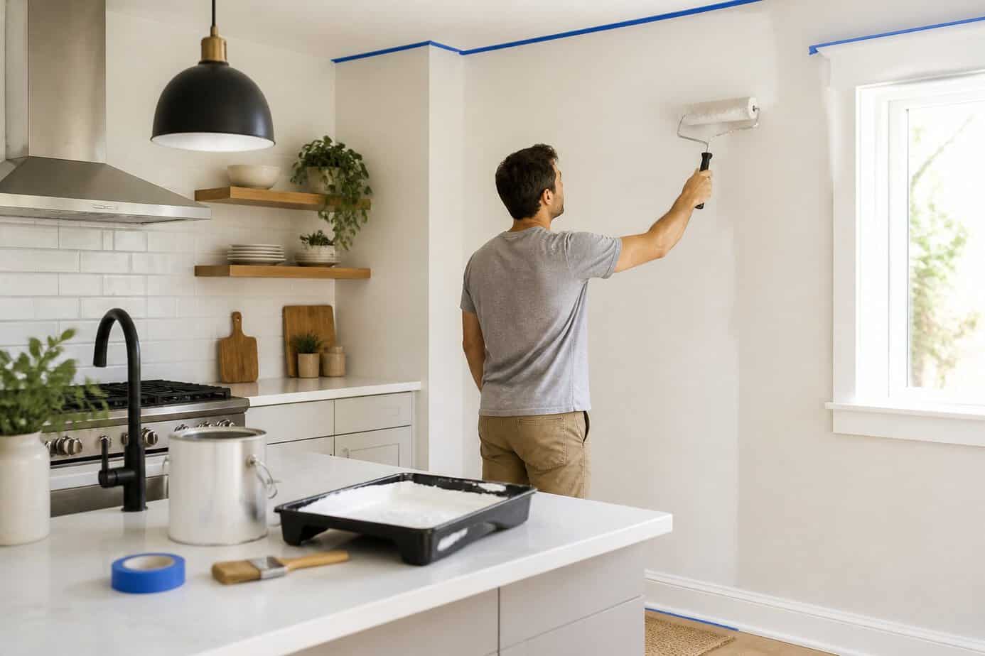 A person painting white walls in a modern kitchen with painting supplies nearby.