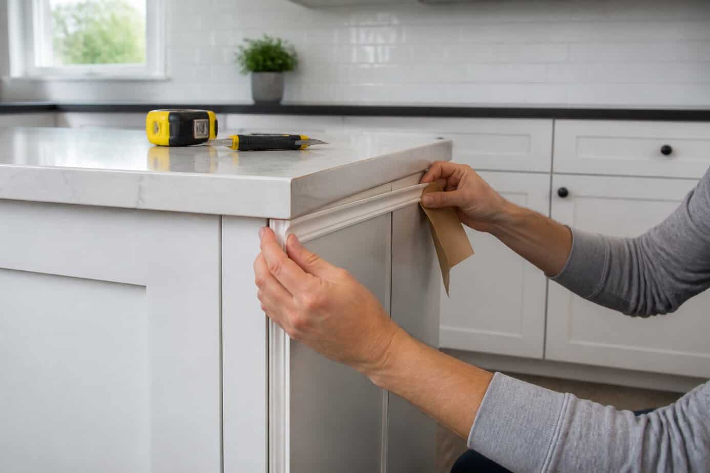 Close-up of hands installing peel-and-stick decorative molding on kitchen cabinetry in a bright modern kitchen.
