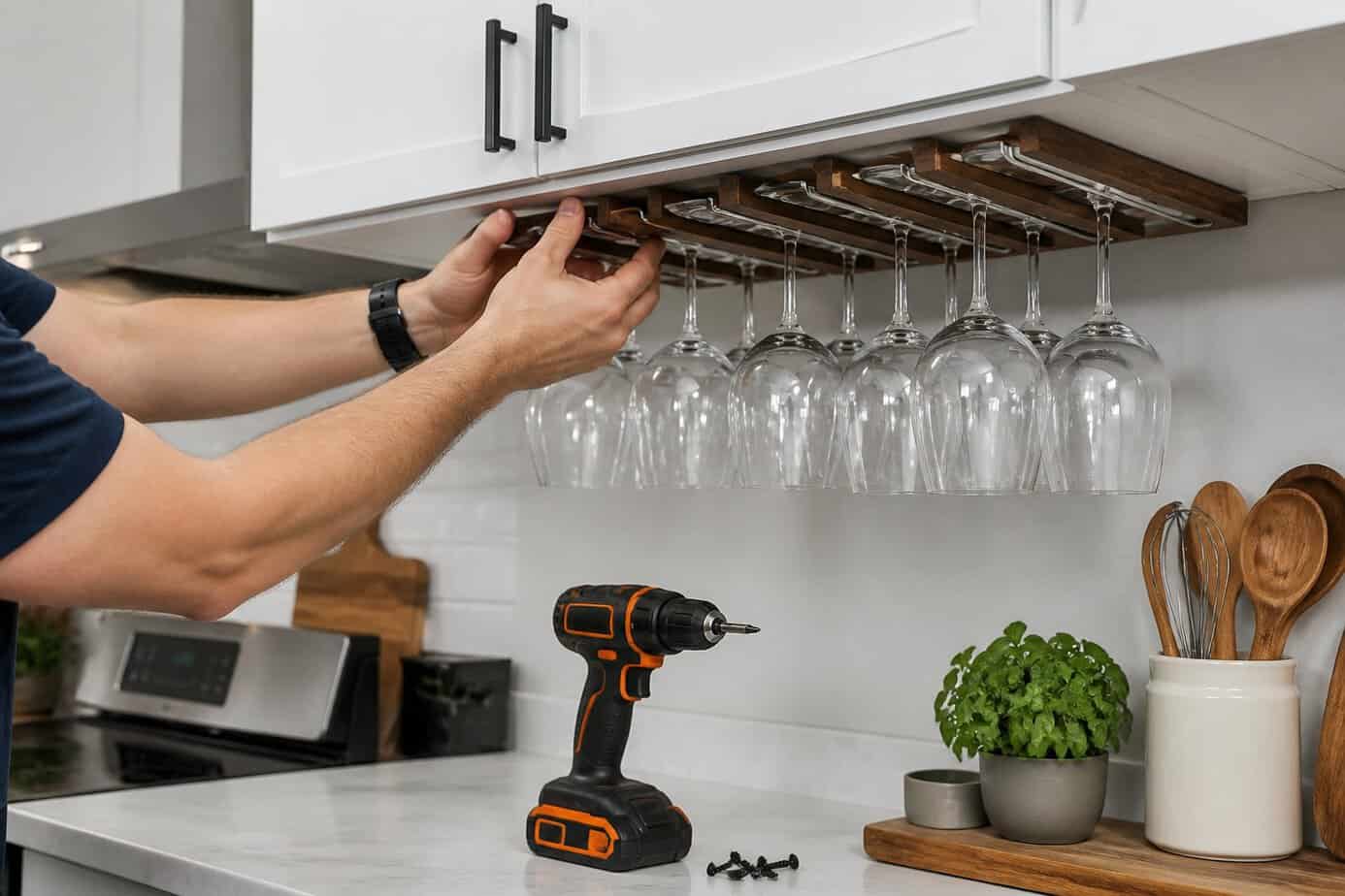 Hands installing a wooden wine glass rack under upper kitchen cabinets with wine glasses hanging upside down.