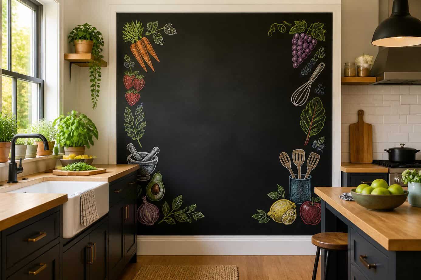 A modern kitchen with a large black chalkboard wall used as a menu board, surrounded by wooden countertops, cabinets, and potted herbs on the windowsill.