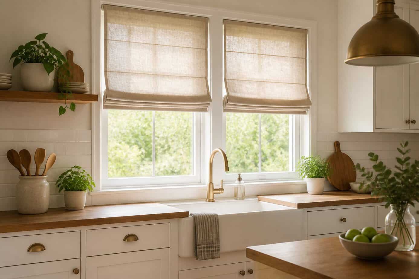 A modern kitchen with large windows covered by linen Roman shades, bright natural light fills the space, showing white cabinets and wooden countertops.