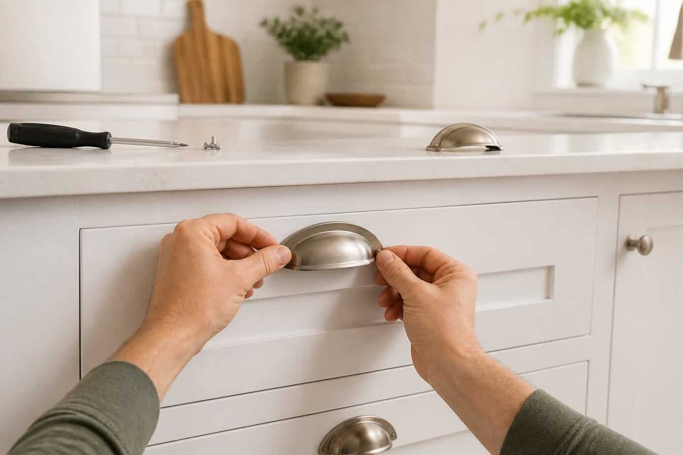 Hands installing a modern D-shaped bin pull on a white kitchen cabinet door in a bright, clean kitchen.