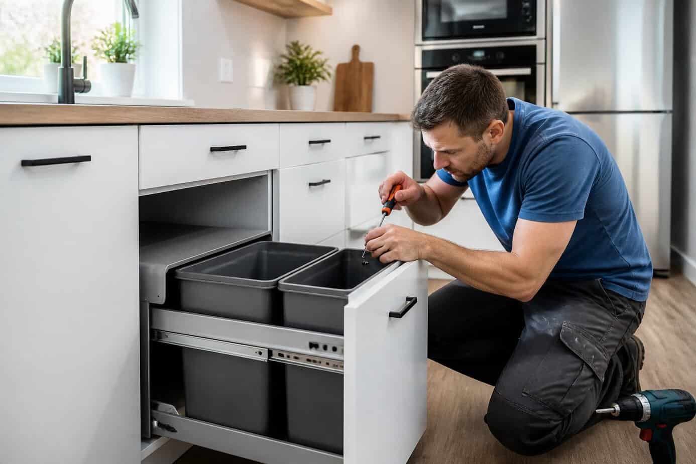 Person installing a roll-out trash bin drawer inside a kitchen cabinet.
