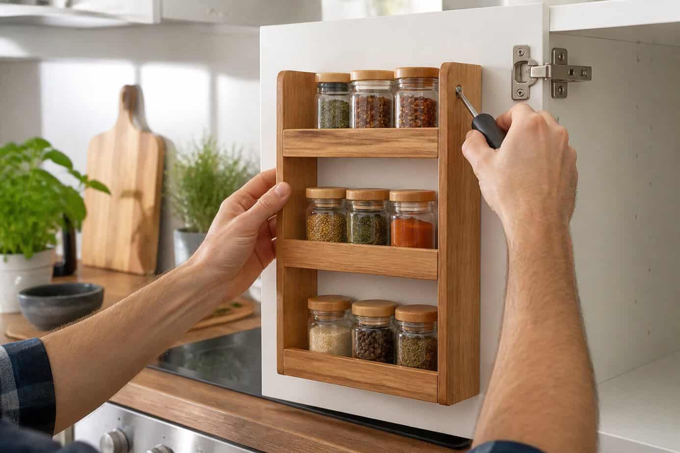 Hands attaching a wooden spice rack organizer to the inside of a white kitchen cabinet door.