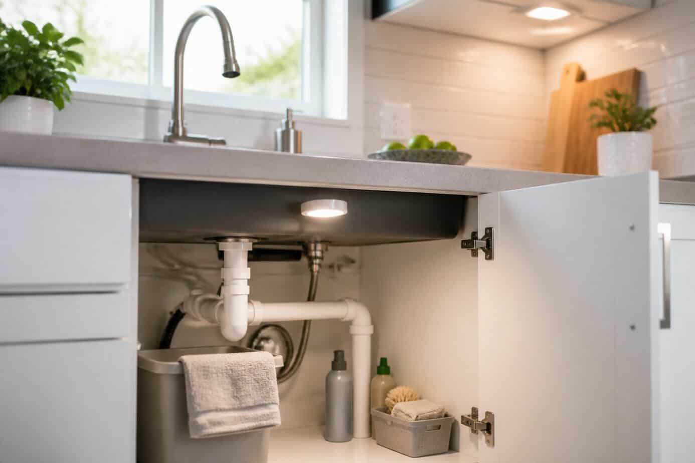 Open kitchen cabinet under sink with a motion-sensor light illuminating the plumbing inside.