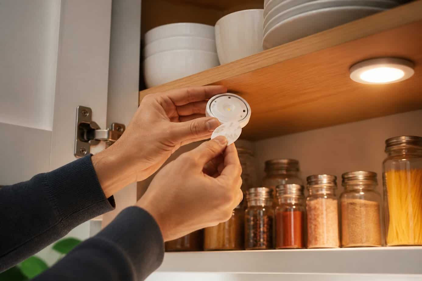 Hands installing adhesive LED puck lights inside a kitchen cabinet with shelves holding kitchen items.