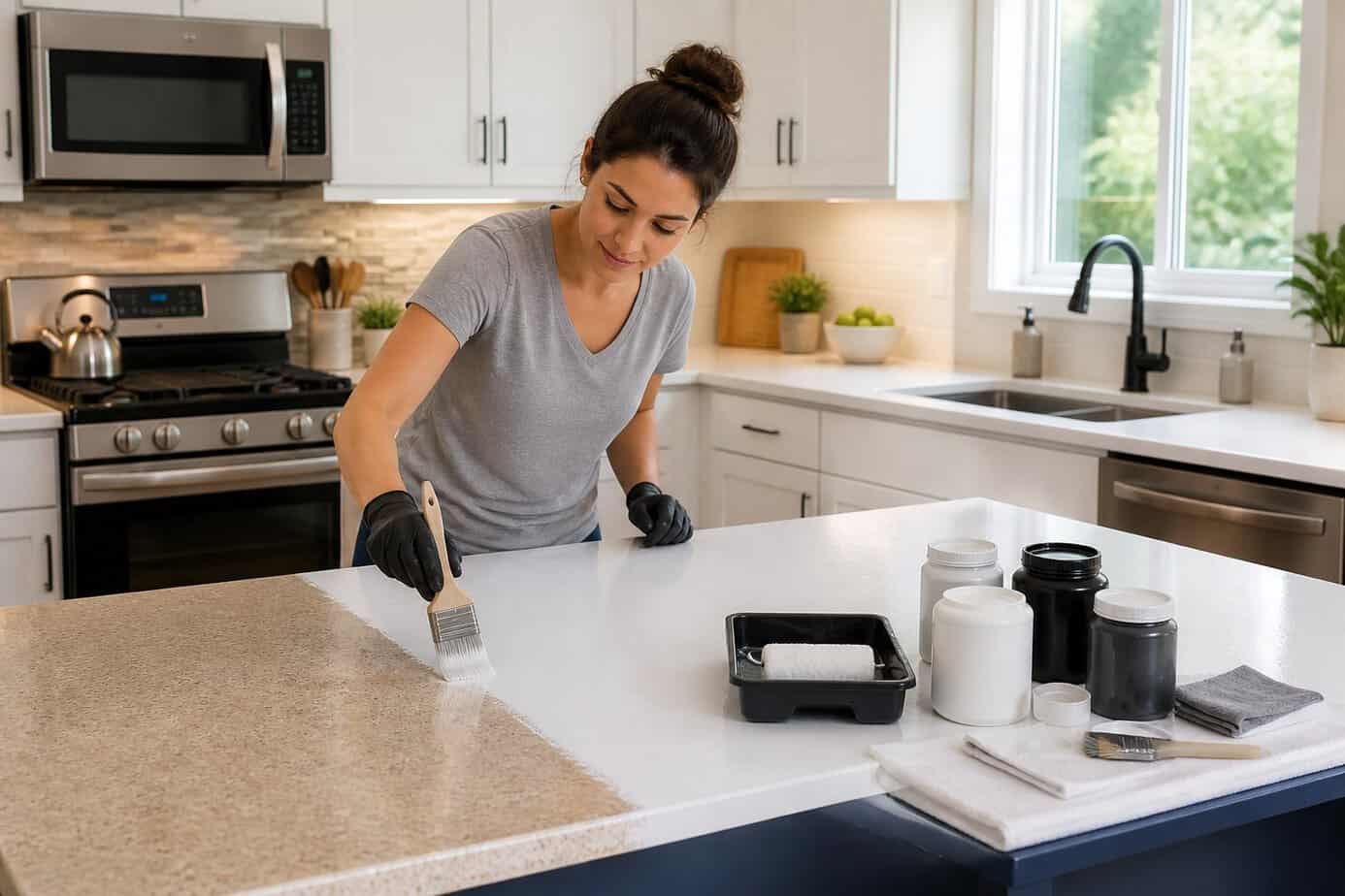Person refinishing a laminate kitchen countertop with paint in a bright, modern kitchen.