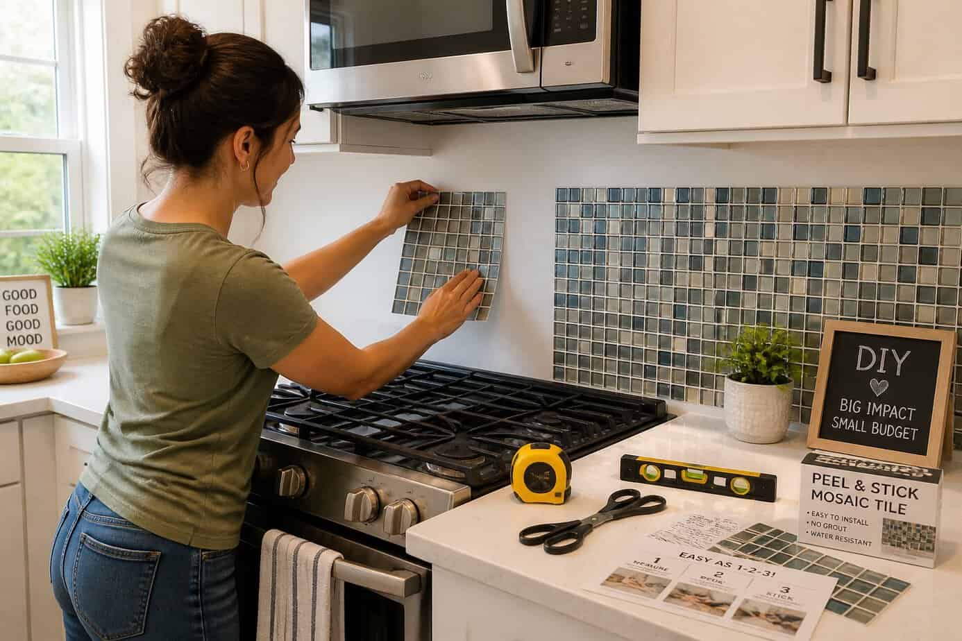 Person installing mosaic peel-and-stick tiles on a kitchen backsplash behind a stove.