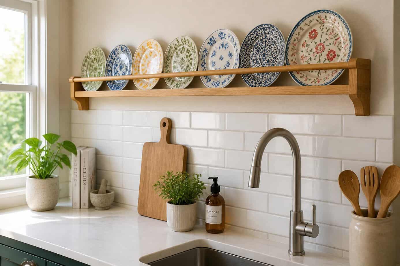 A modern kitchen with a wooden plate rail mounted above a white tile backsplash, displaying decorative plates.