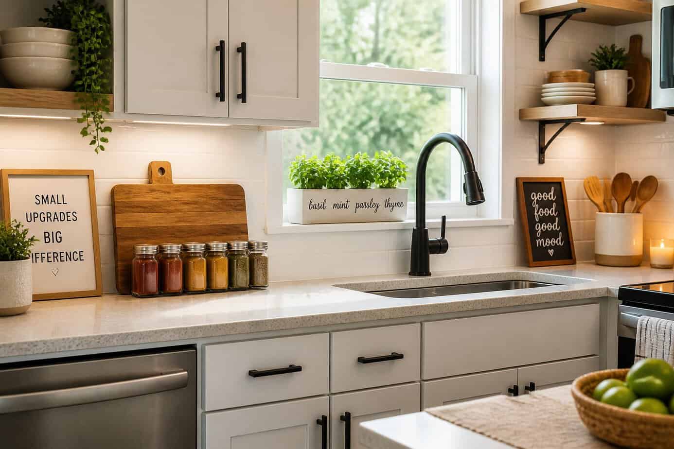 A modern kitchen countertop with small upgrades including spice jars, a cutting board, and a herb planter by a window with natural light.