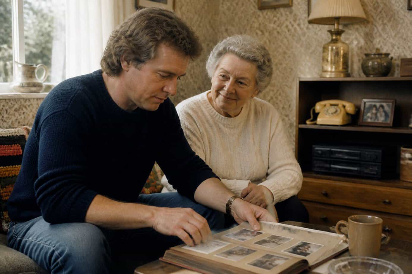 An adult child and an older parent sitting together in a living room, looking at a family photo album with thoughtful and warm expressions.