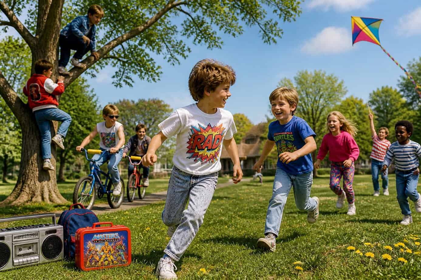Children playing outdoors in a sunny park, climbing trees, riding bikes, and flying kites.