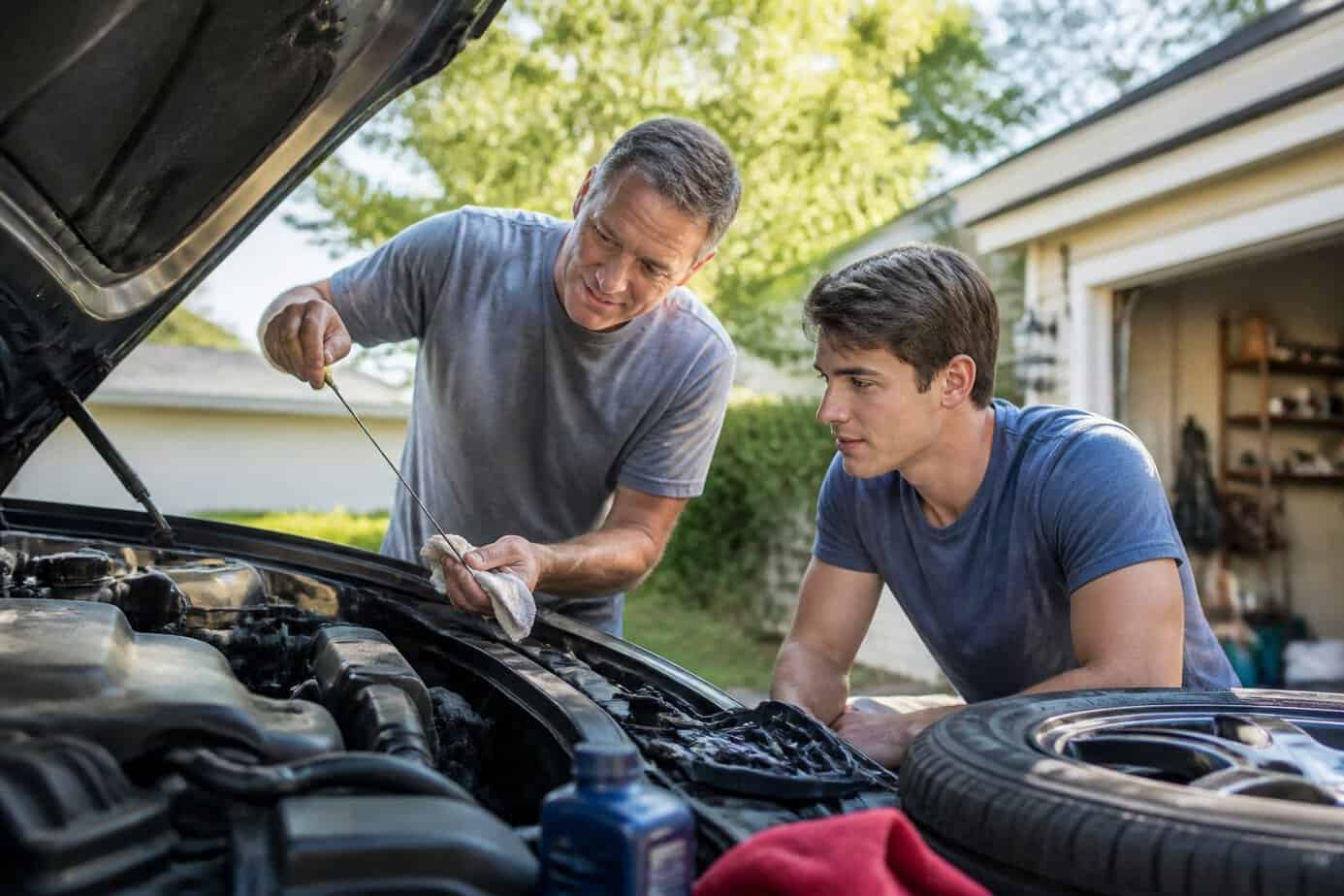 A parent and adult child working together on car maintenance outdoors, checking under the hood and changing a tire.