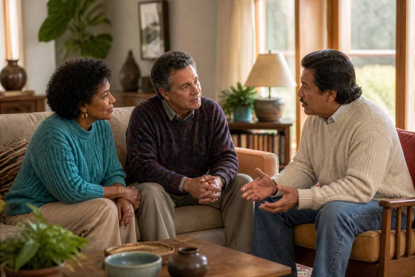 Three adults sitting in a living room having a supportive and open conversation.