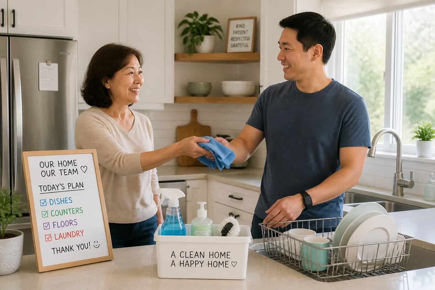 A middle-aged woman and her adult son working together on household chores in a bright kitchen.