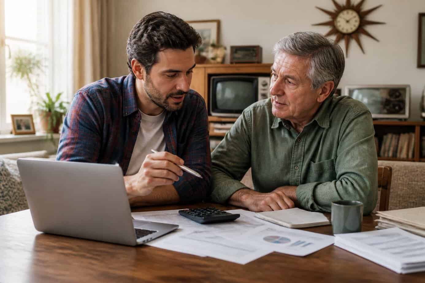 An adult child and their parent sitting at a table discussing financial documents and using a laptop in a bright living room.