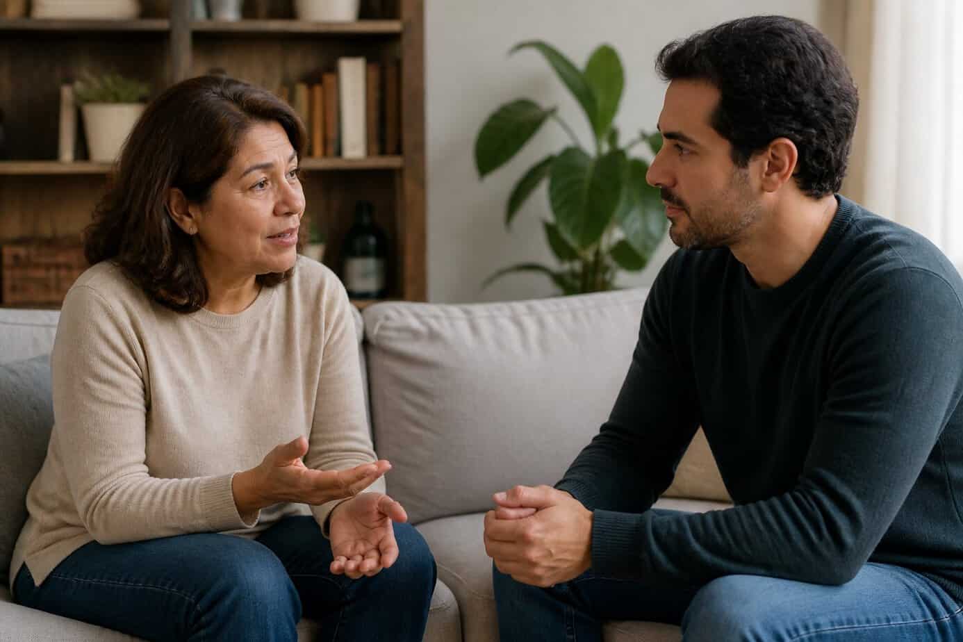 An adult child and a parent having a caring conversation in a cozy living room.