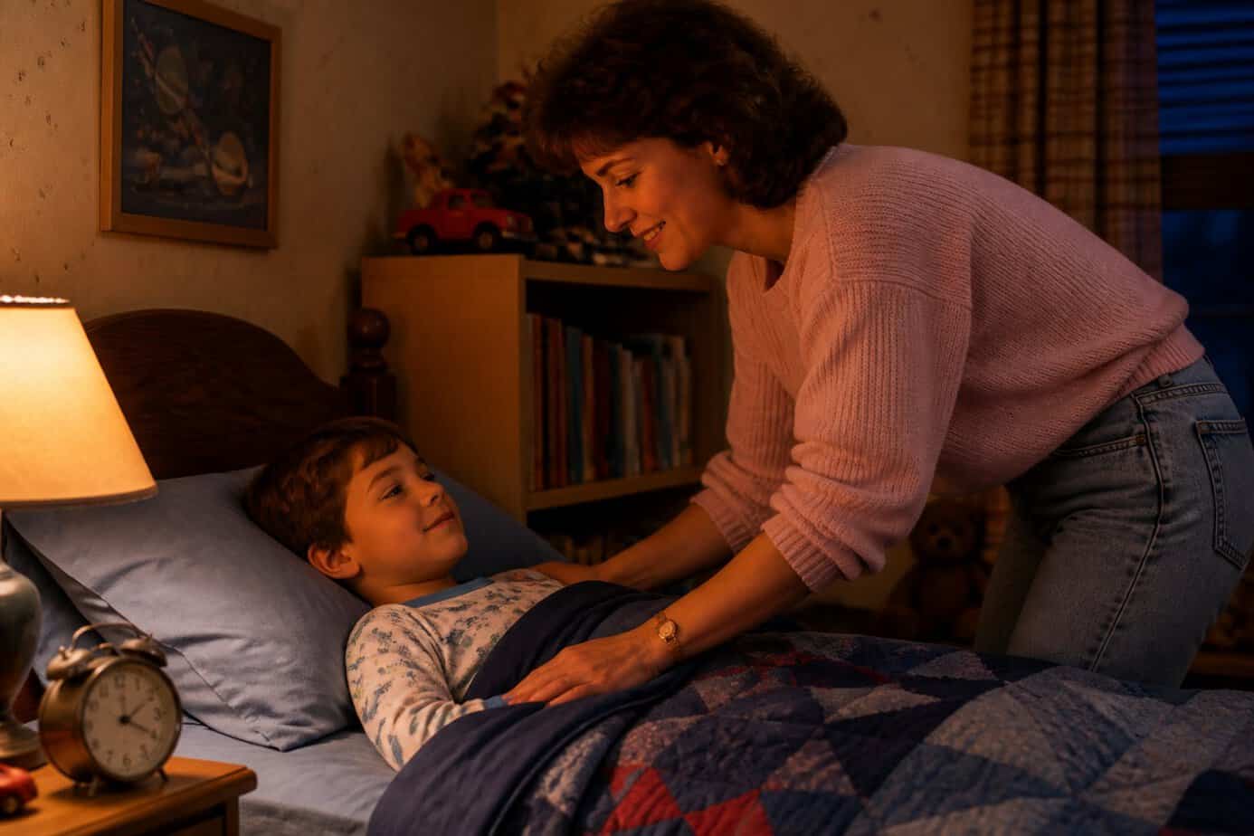 A parent tucking a child into bed in a cozy bedroom at night.