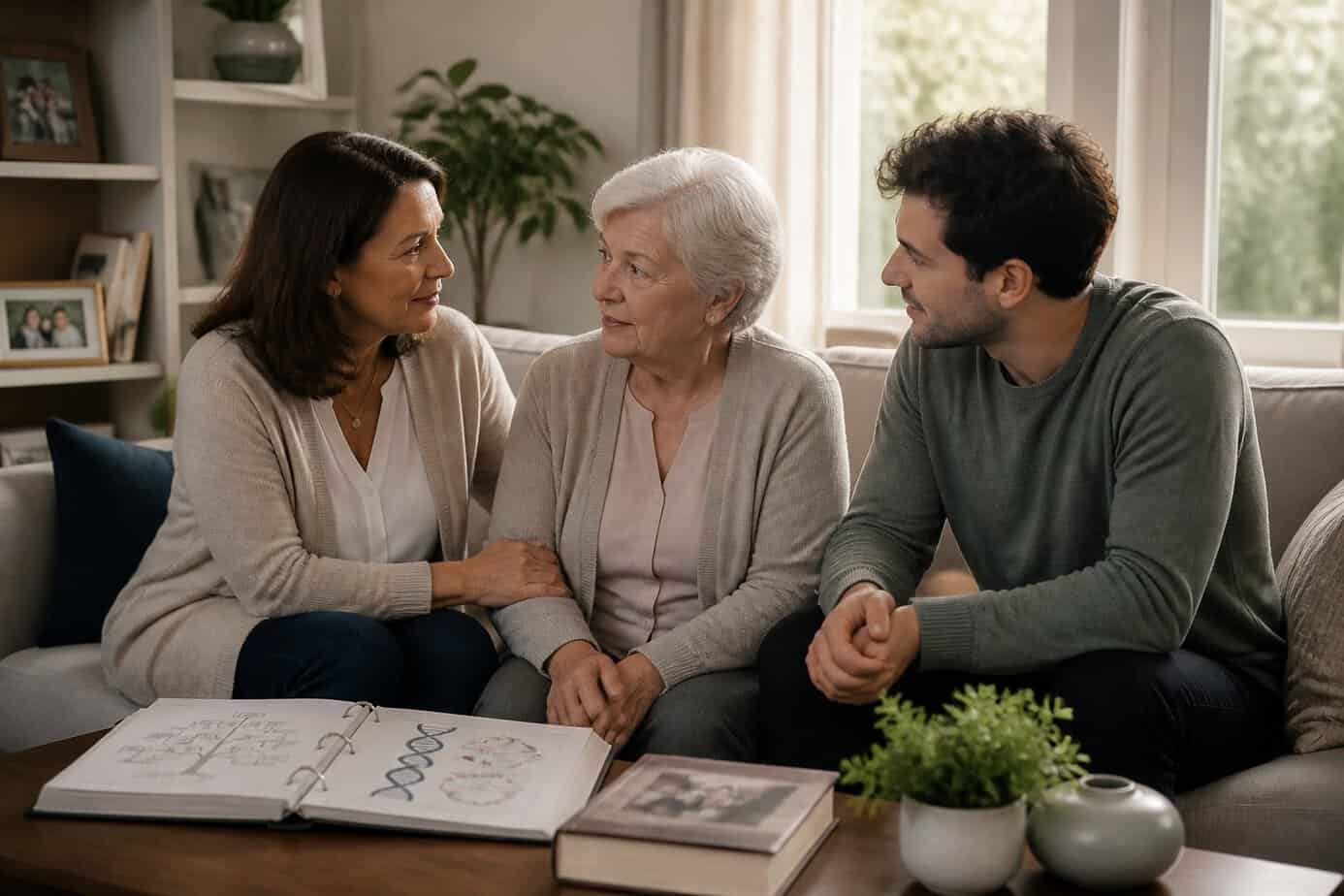 Three generations of a family sitting together in a living room, having a serious and supportive conversation.