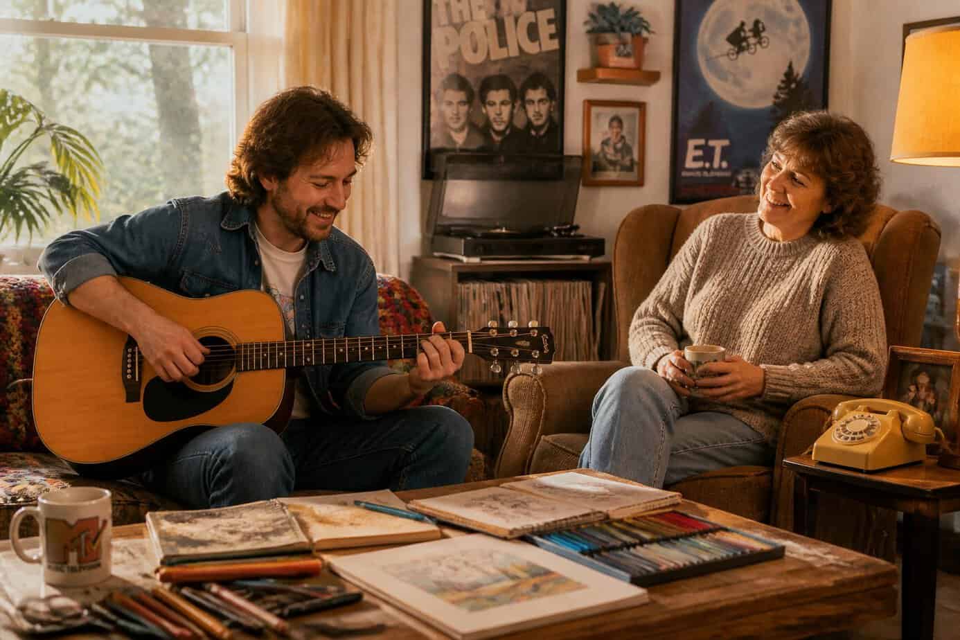 An adult child playing guitar in a living room while a parent watches supportively, with drawing supplies on a table nearby.