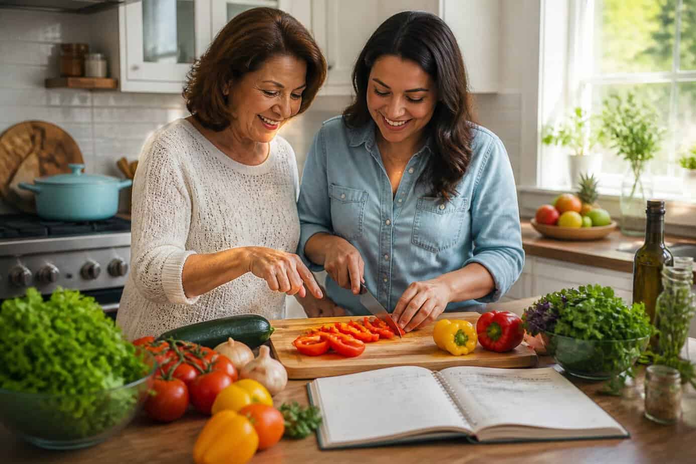 An adult child and their parent cooking together in a bright kitchen, chopping vegetables and planning a meal.