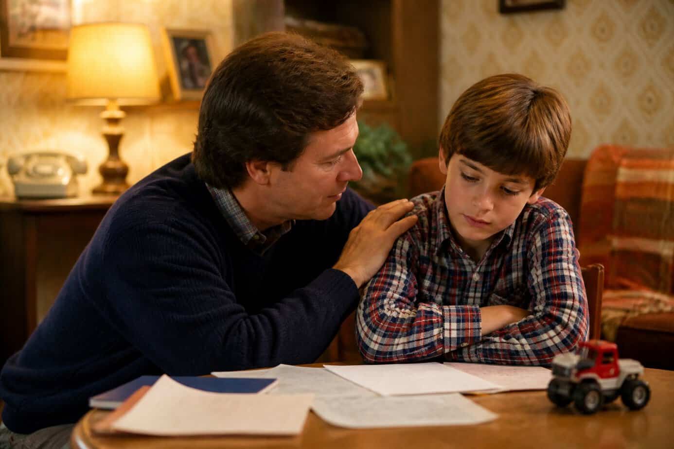 A parent gently supporting a child who is reflecting on a mistake at a table in a cozy living room.