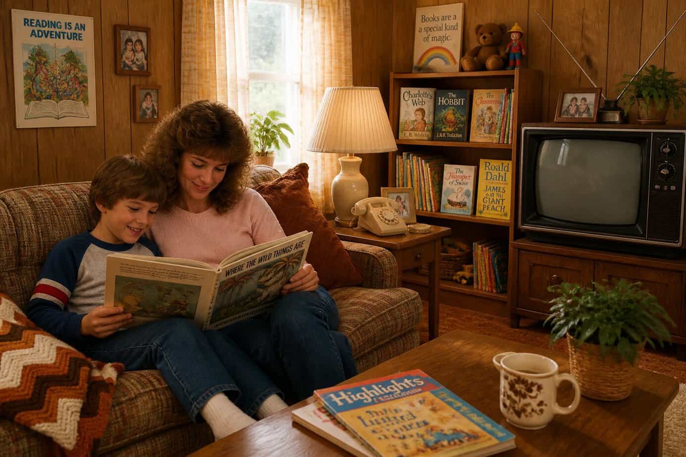 A parent and child sitting on a couch reading books together in a cozy living room with a turned-off vintage TV nearby.