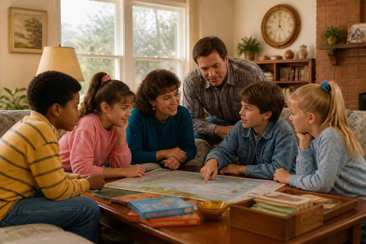 Children and parents sitting together in a living room, engaged in a family decision-making activity with attentive and supportive expressions.