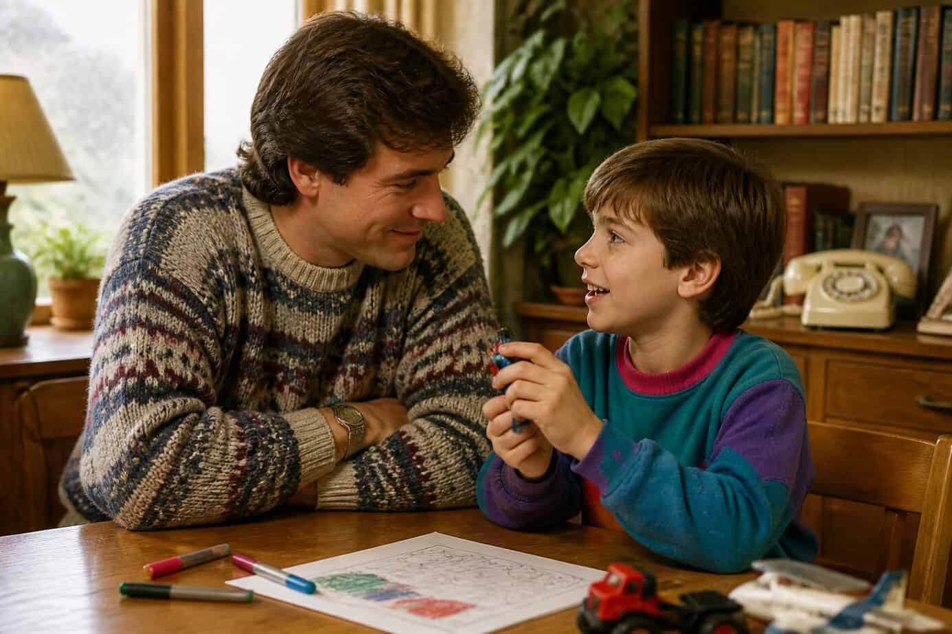 A parent and child from the 1980s sitting closely at a table, sharing focused and warm one-on-one time indoors.