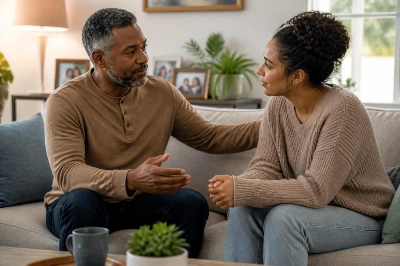 A middle-aged parent and adult child sitting in a living room having a sincere and open conversation.