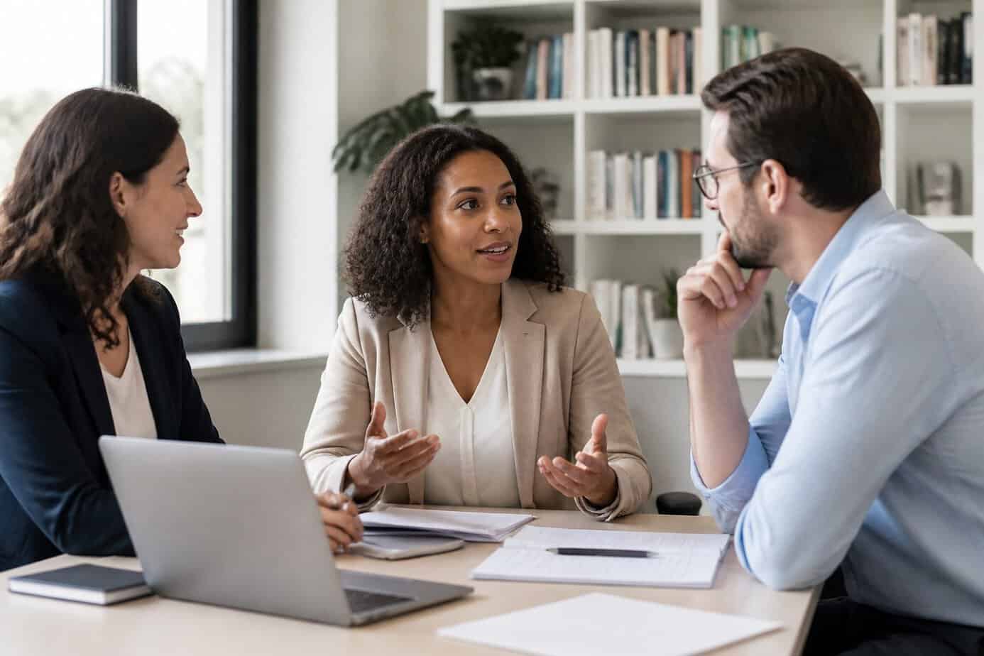 An adult talking confidently with a teacher and an employer in an office setting, showing active communication and mutual respect.