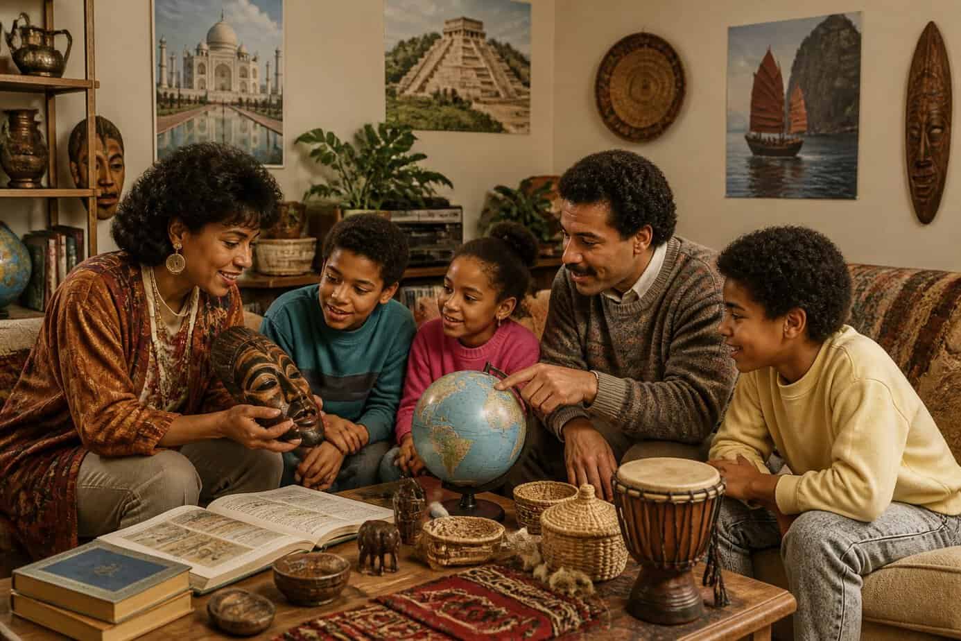 A family in a living room exploring cultural items together, including books and artifacts, with parents and children interacting warmly.