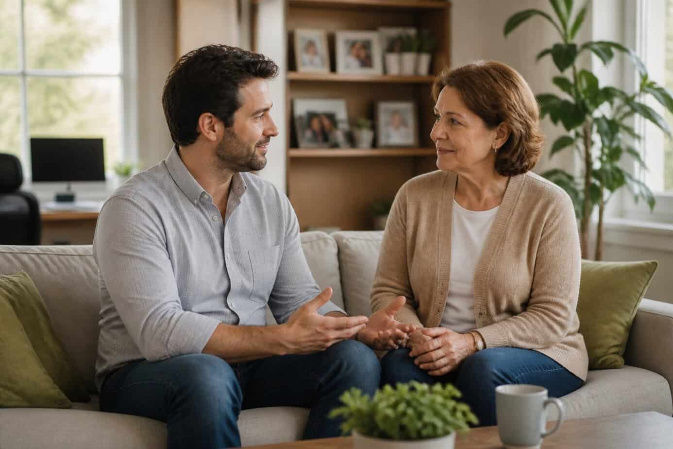 An adult child and their parent sitting together on a sofa in a living room, having a calm and respectful conversation.