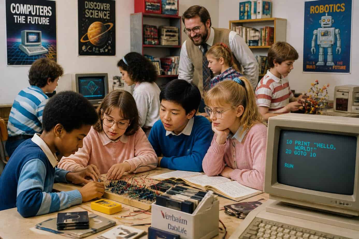 Children and teenagers from the 1980s engaged in STEM activities together, with boys and girls equally participating and an adult guiding them.
