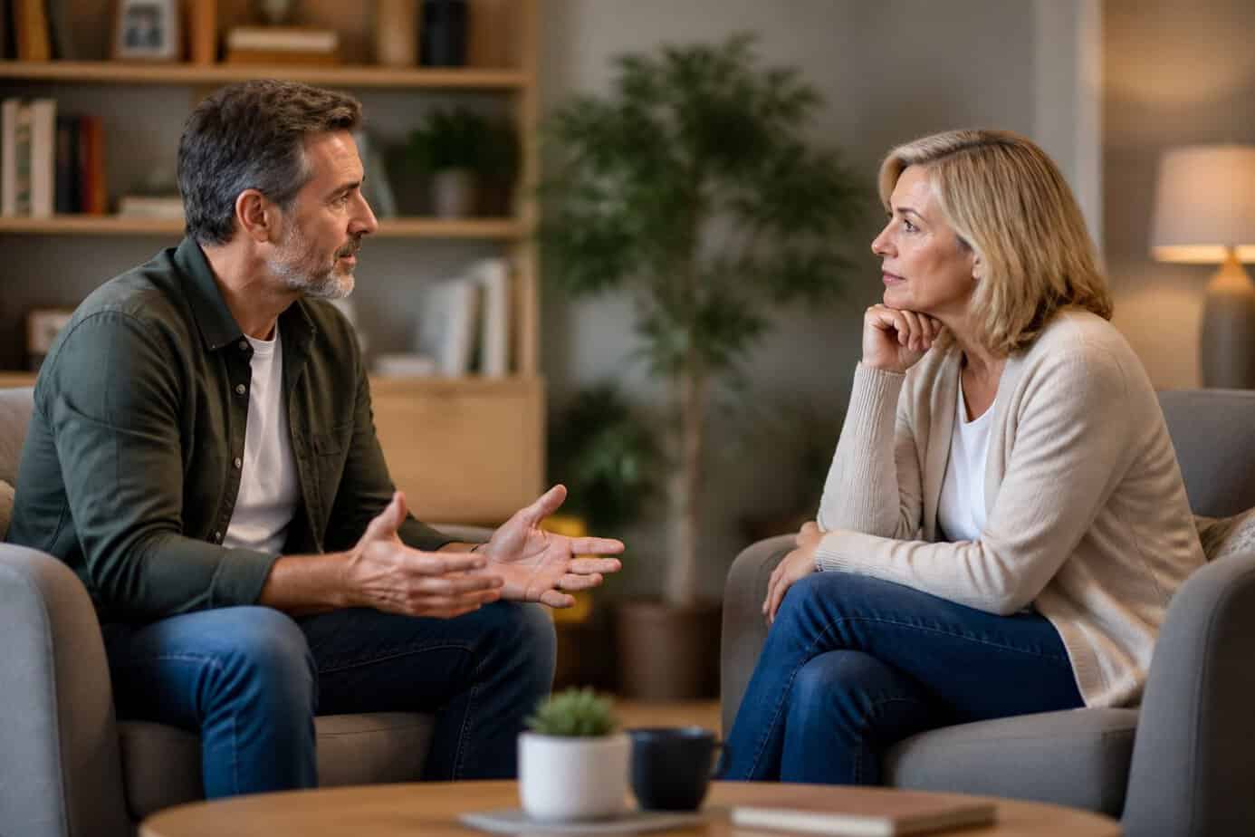 Two adults sitting in a living room calmly talking and listening to each other with understanding expressions.
