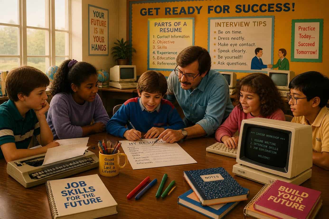 An adult helps children at a table with resume writing and interview preparation in a classroom.