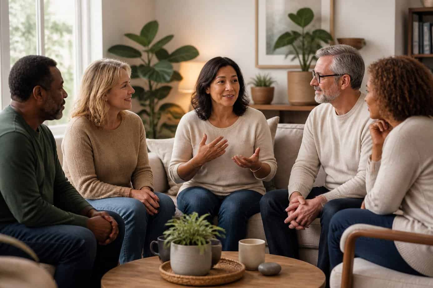 A group of middle-aged adults sitting together in a living room, having a supportive conversation with warm and caring expressions.