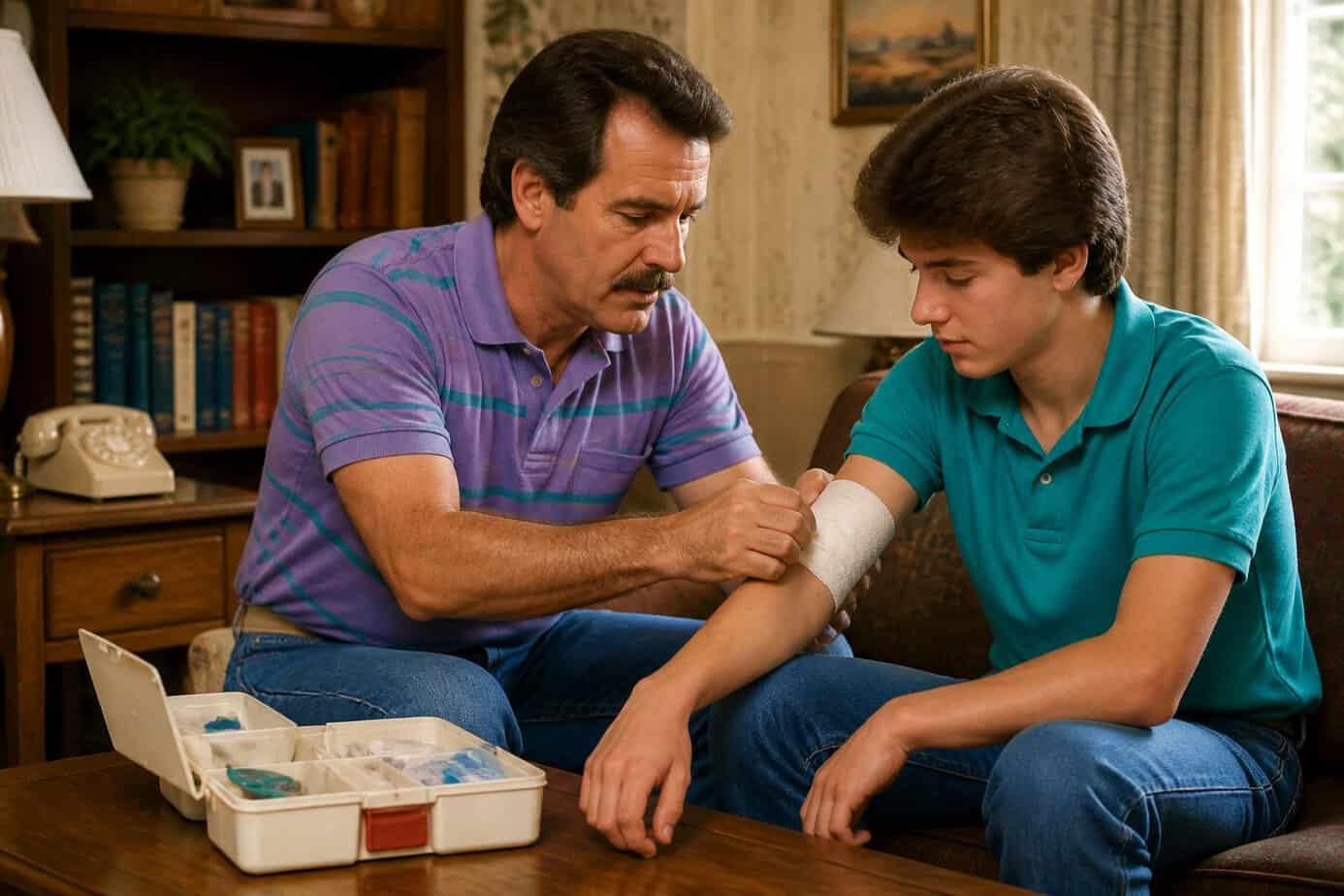 A parent teaches their teenage child how to apply a bandage in a cozy living room with 1980s decor.