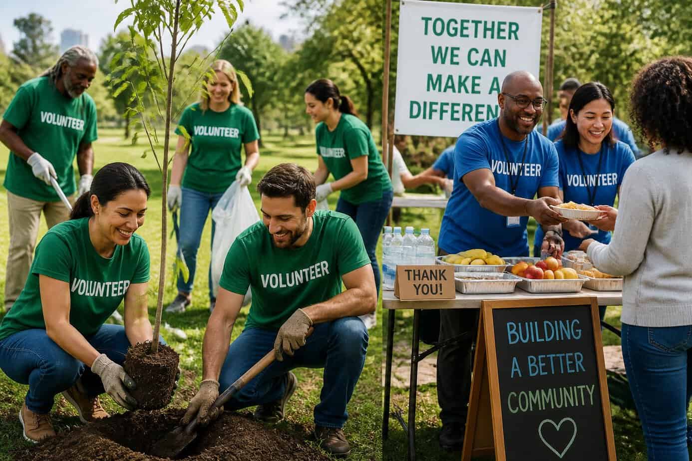 A group of adult volunteers working together outdoors in a park, planting trees and handing out food during a community event.