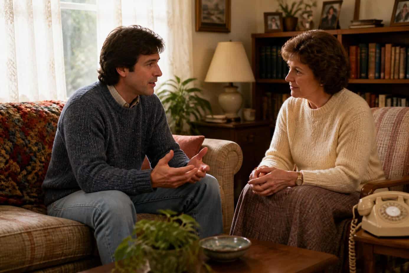 An adult child and their parent sitting in a cozy living room, having a calm and heartfelt conversation.