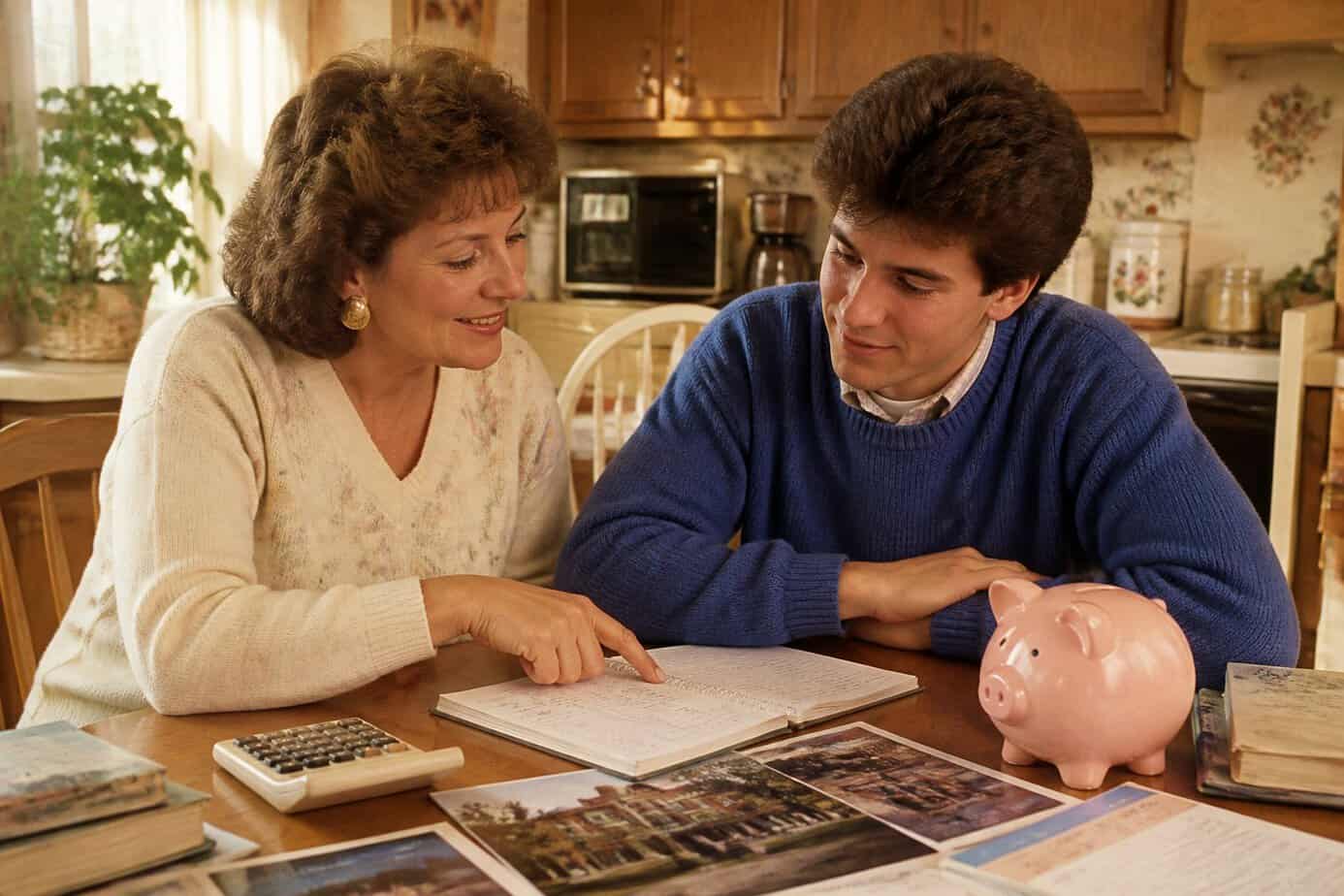 A parent and adult child sitting at a kitchen table reviewing financial documents together, surrounded by vintage items suggesting early savings and college planning.