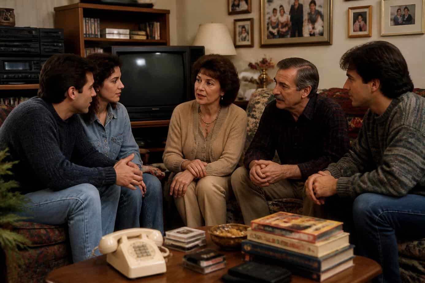 A family of adult children and their parents sitting together in a living room, having a heartfelt conversation surrounded by 1990s decor.